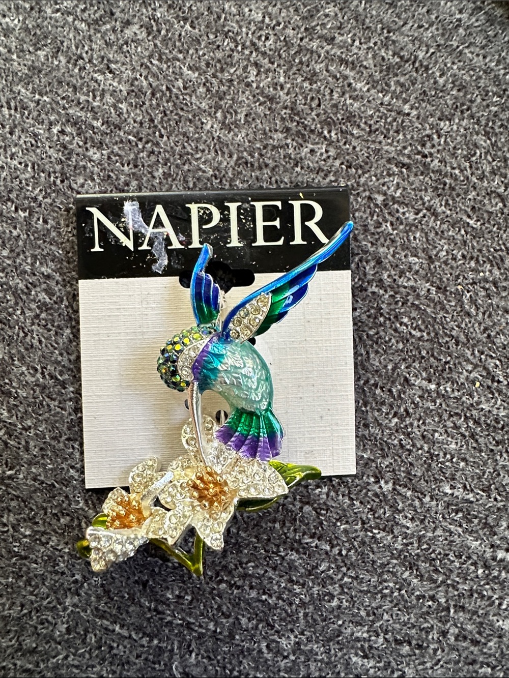 Napier Blue Green Purple Enamel Hummingbird Brooch with Crystal Flowers
